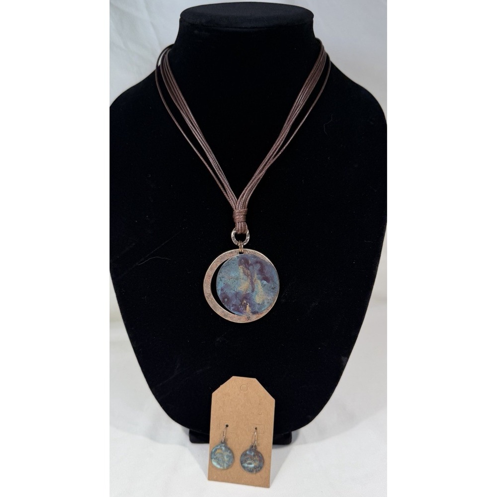 Boho Necklace Earrings Set Blue Green Patina Pendant Brown Cord BronzeTone